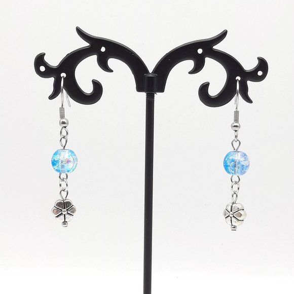 Spring Flower Blue Clear Glass Dangle Drop Earrings Handmade Jewelry - Picture 3 of 6